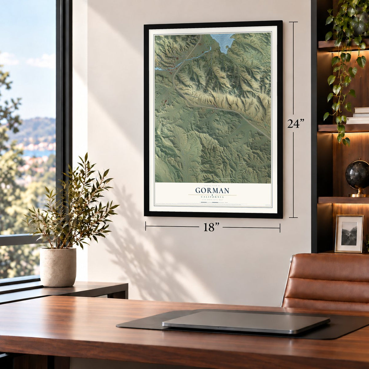 Gorman, California map, 18 x 24 inch print in a black frame in a home office