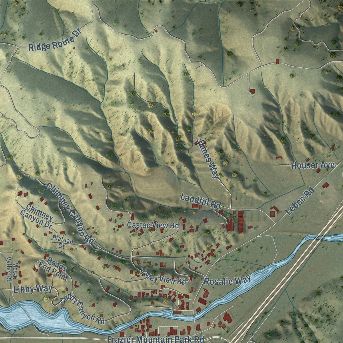 Close-up of the map of Gorman, California print showing street and building detail