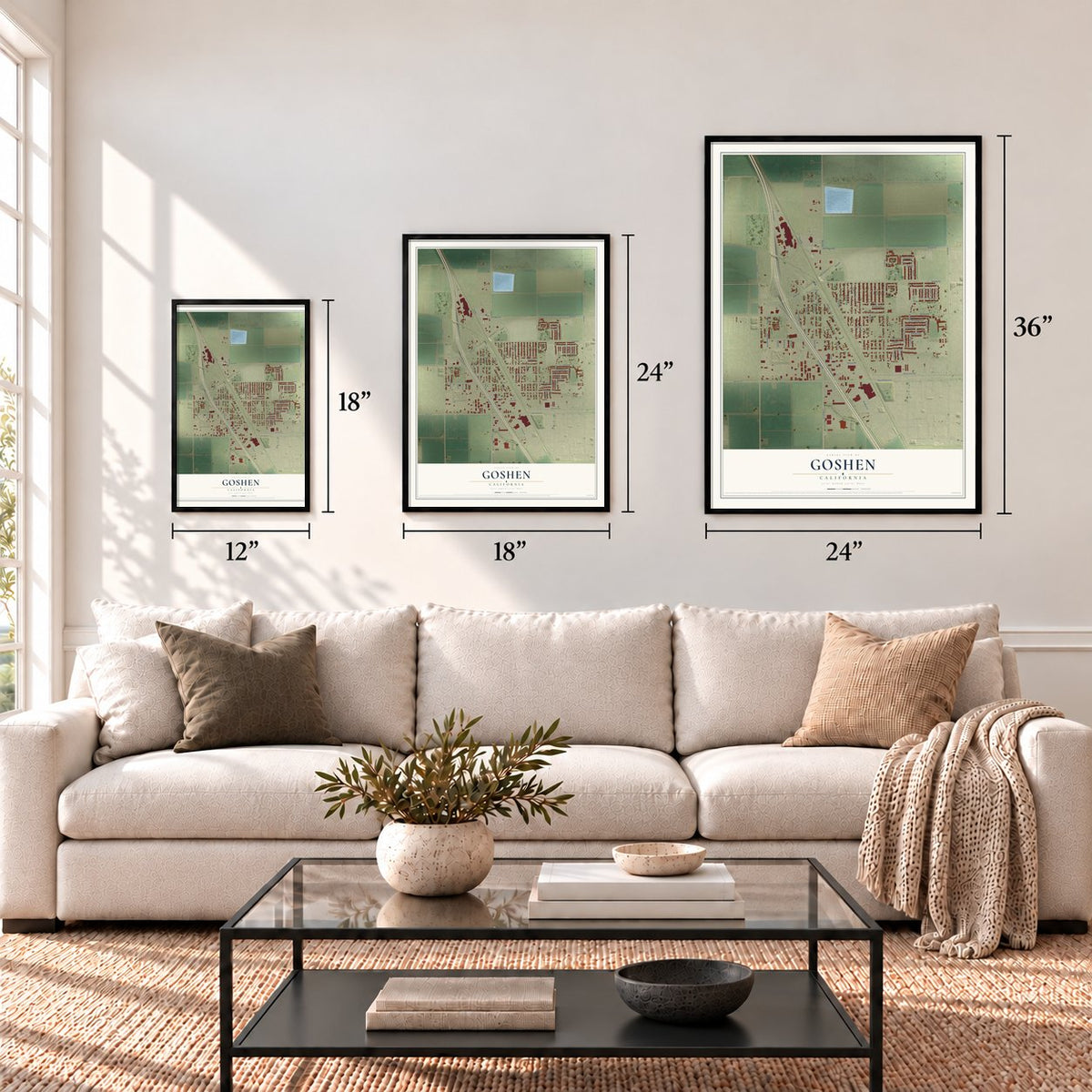 Goshen, California map in 12 x 18, 18 x 24 and 24 x 36 inch sizes above a sofa