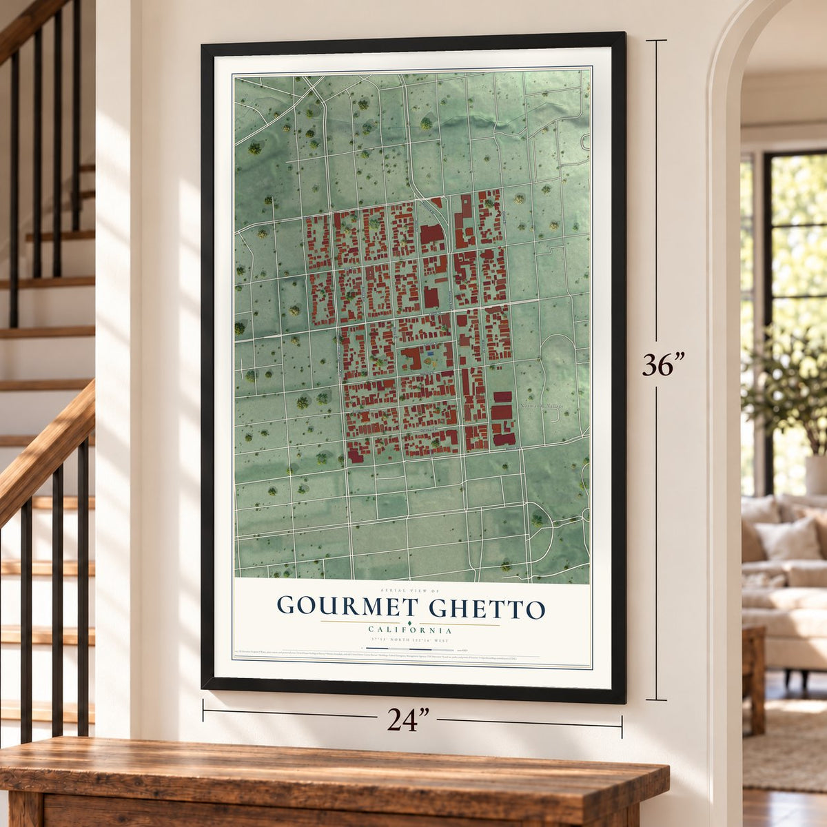 Gourmet Ghetto, California map, 24 x 36 inch print in a black frame by a staircase
