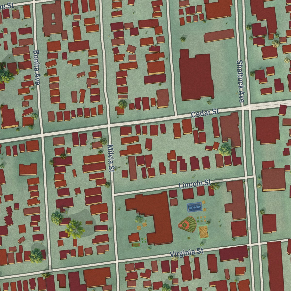 Close-up of the map of Gourmet Ghetto, California print showing street and building detail