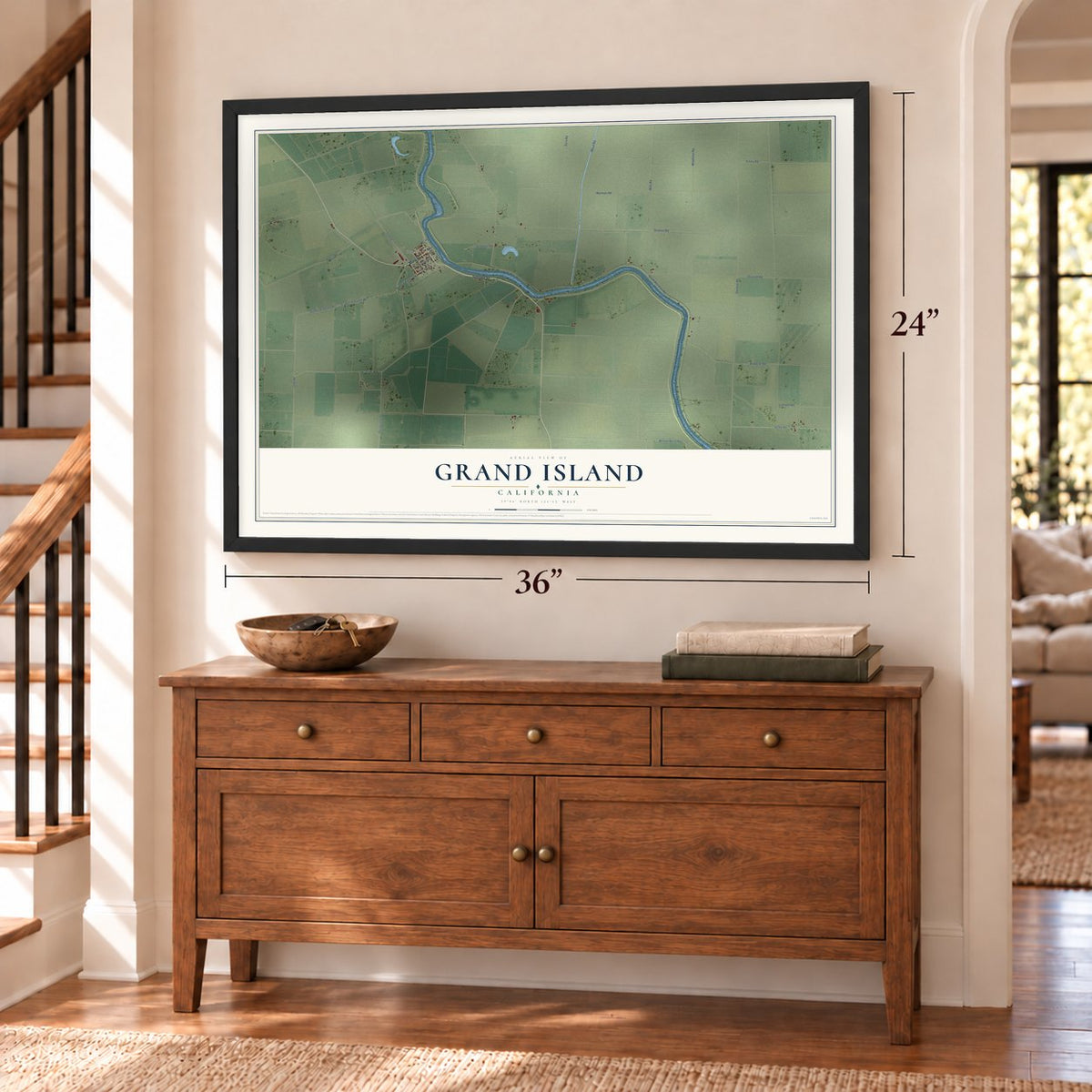 Grand Island, California map, 24 x 36 inch print in a black frame above a dresser by a staircase