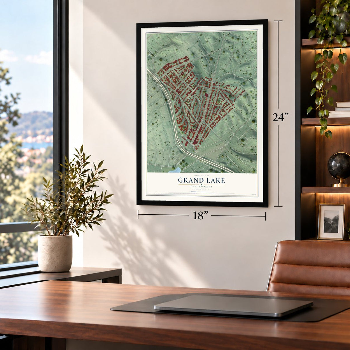 Grand Lake, California map, 18 x 24 inch print in a black frame in a home office