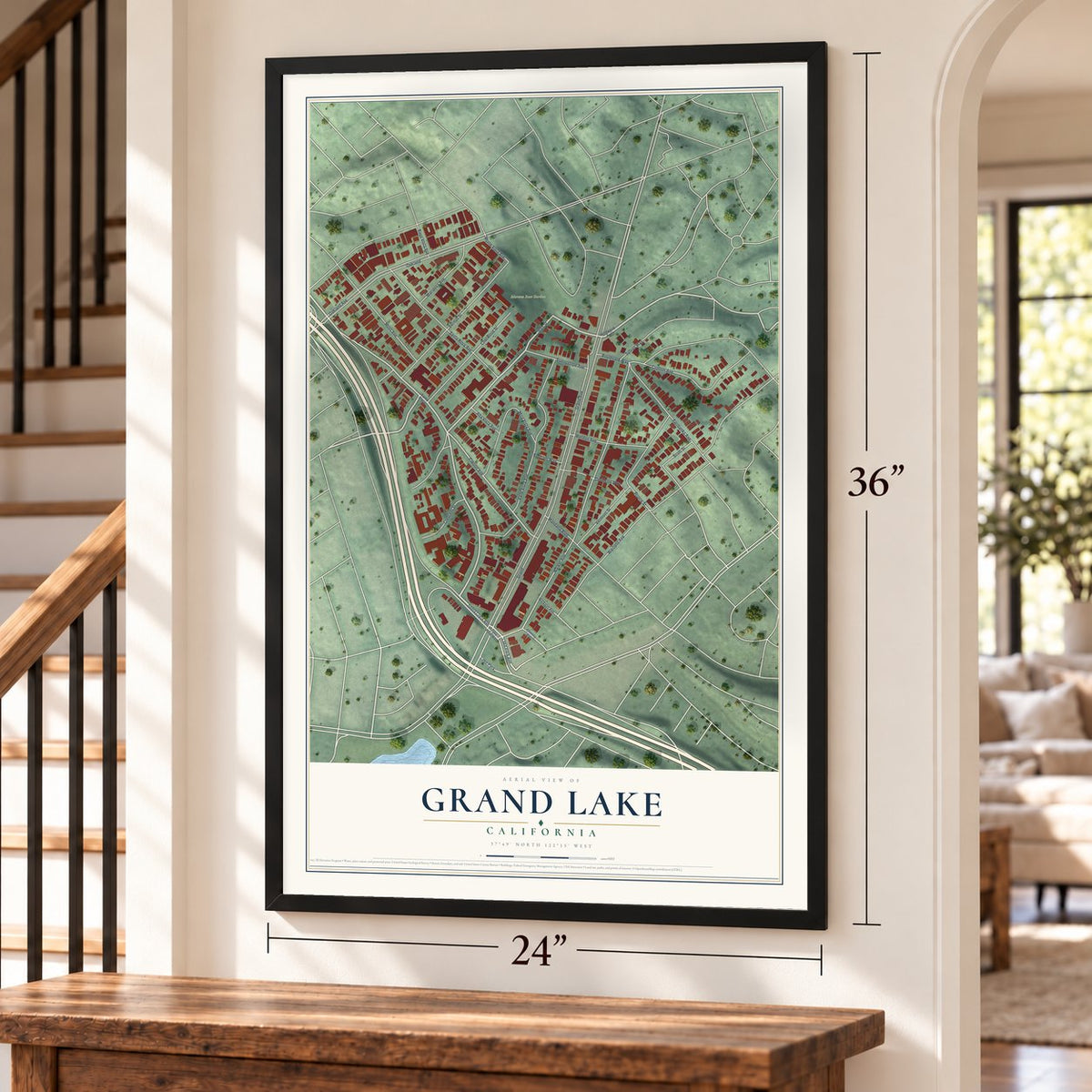 Grand Lake, California map, 24 x 36 inch print in a black frame by a staircase