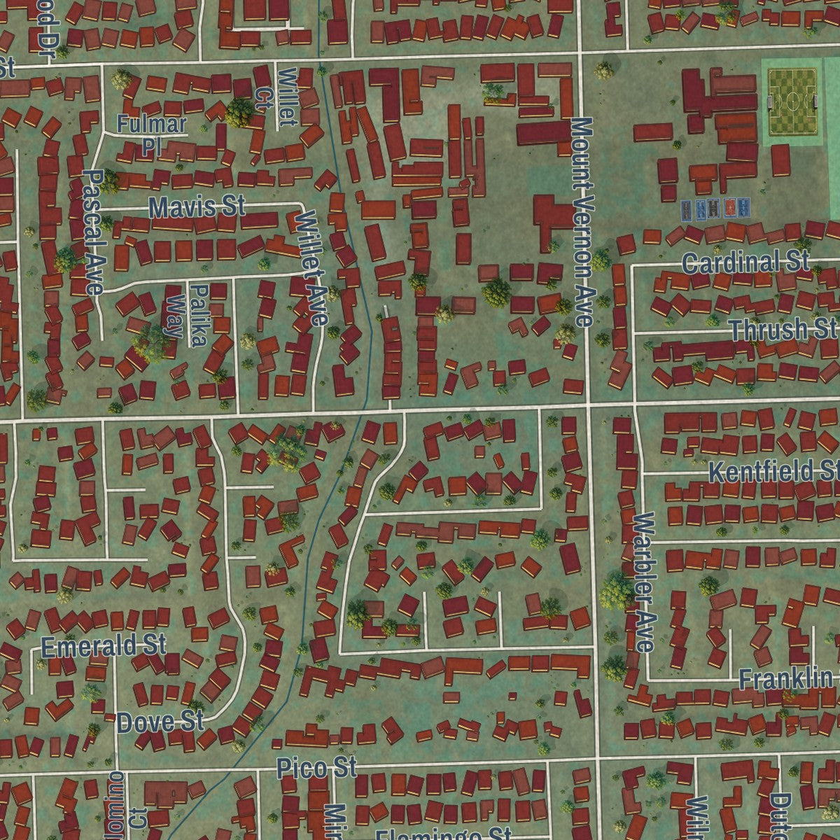 Close-up of the map of Grand Terrace, California print showing street and building detail