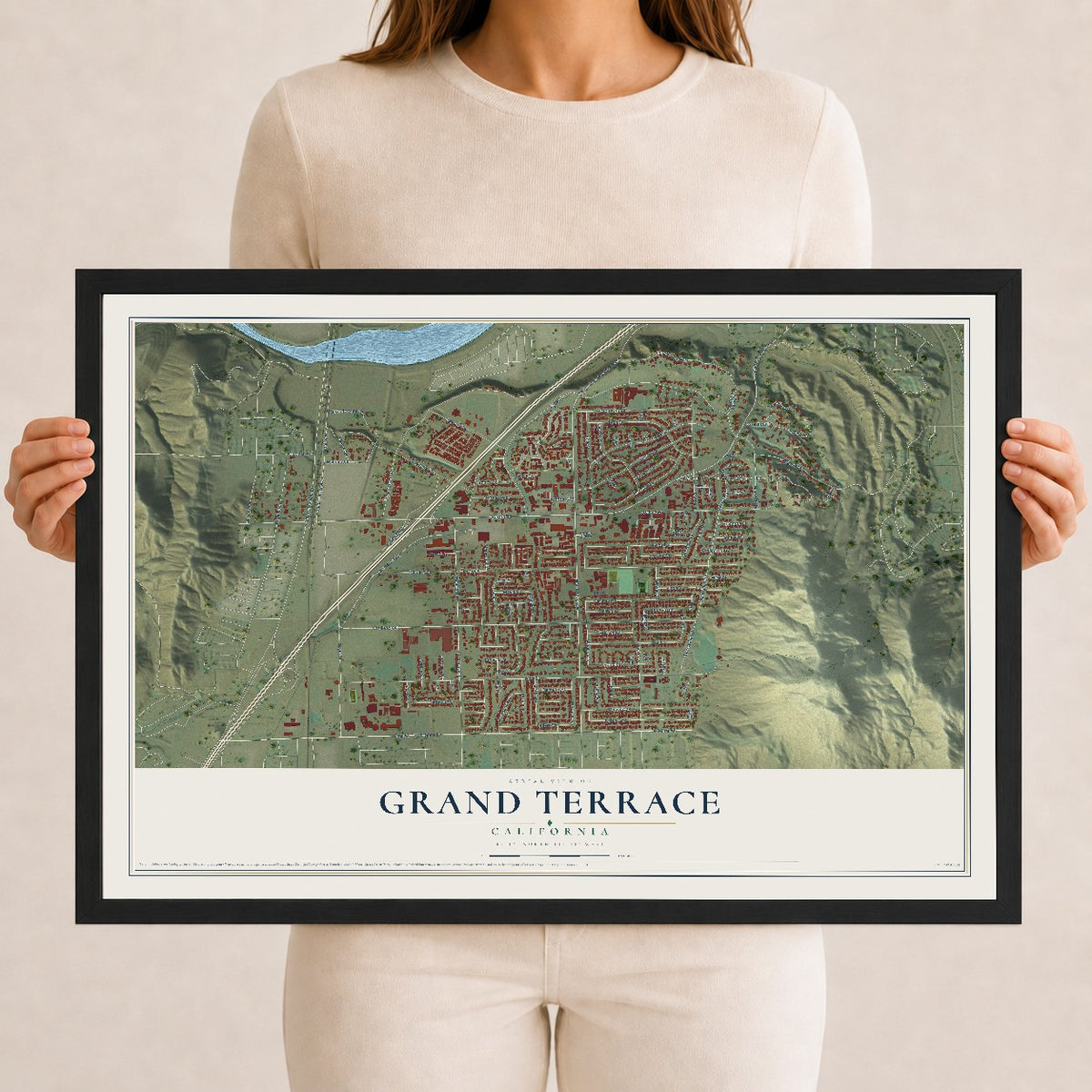Map of Grand Terrace, California, 12 x 18 inch print in a black wood frame