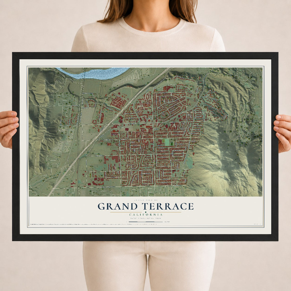 Map of Grand Terrace, California, 18 x 24 inch print in a black wood frame