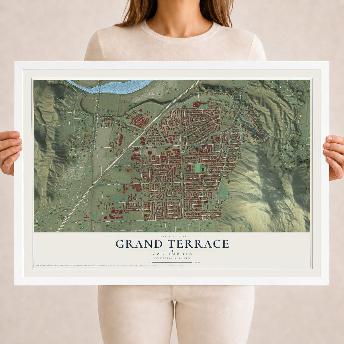 Map of Grand Terrace, California, 18 x 24 inch print in a white wood frame