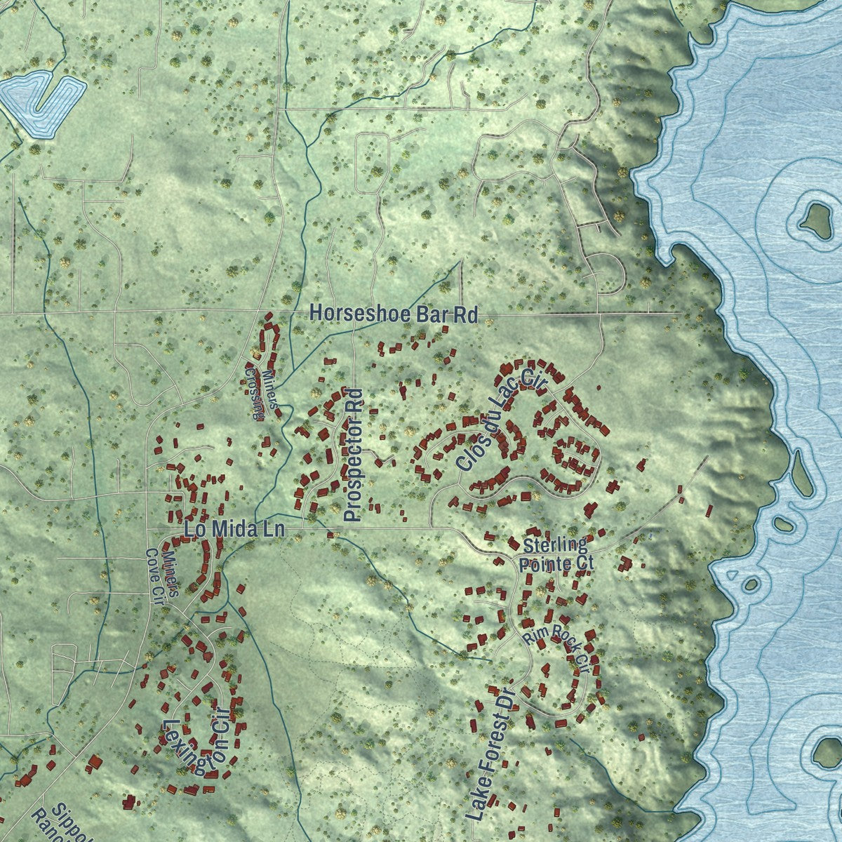 Second close-up of the map of Granite Bay, California print showing more streets and buildings