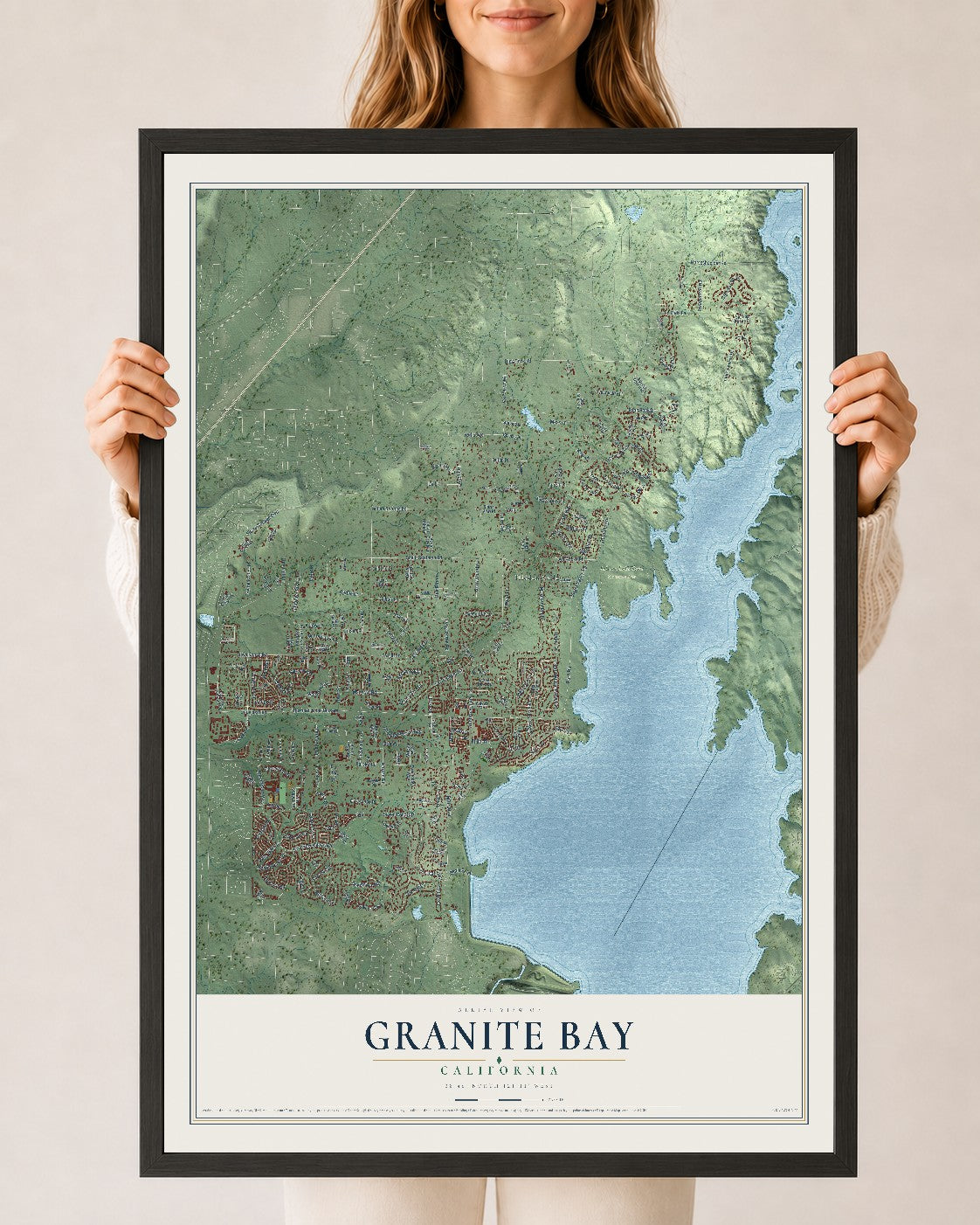 Map of Granite Bay, California, 24 x 36 inch print in a black wood frame