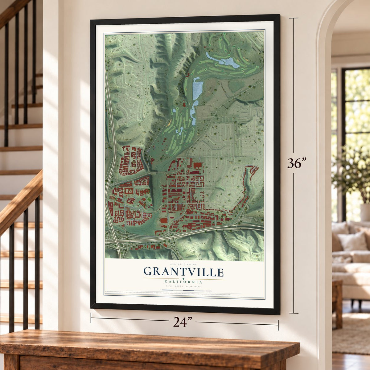 Grantville, California map, 24 x 36 inch print in a black frame by a staircase