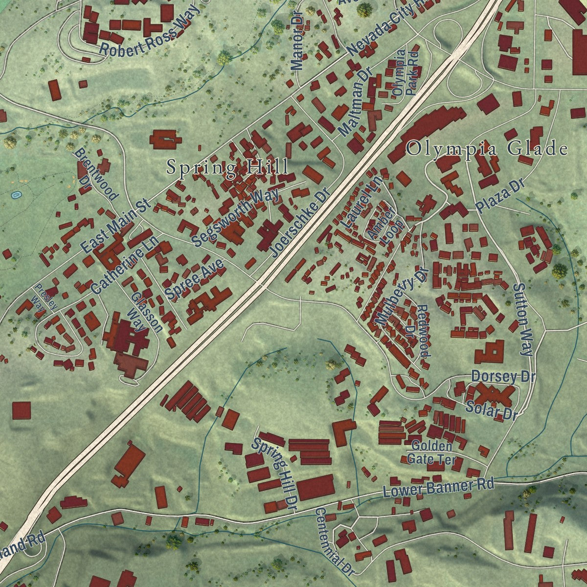 Second close-up of the map of Grass Valley, California print showing more streets and buildings