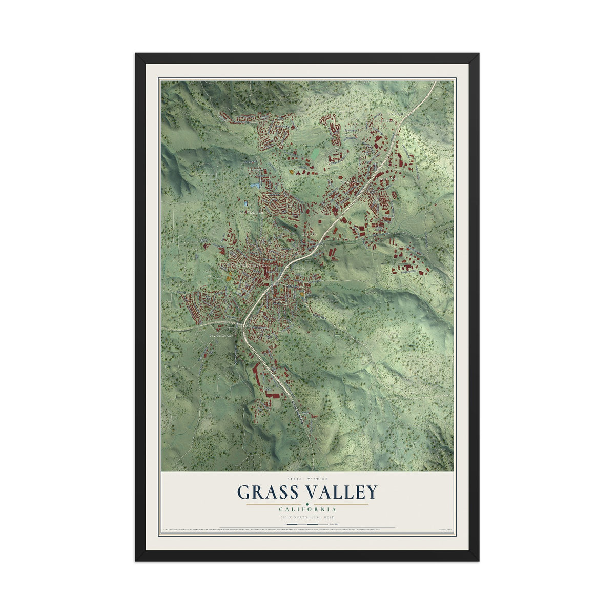 Map of Grass Valley, California, 12 x 18 inch print in a black wood frame