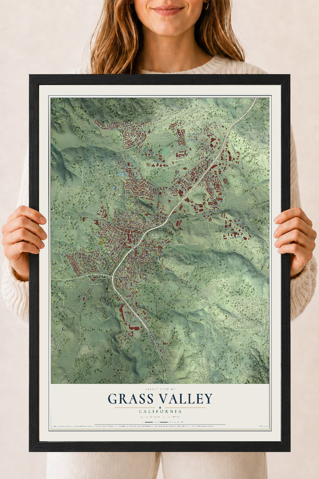 Map of Grass Valley, California, 18 x 24 inch print in a black wood frame