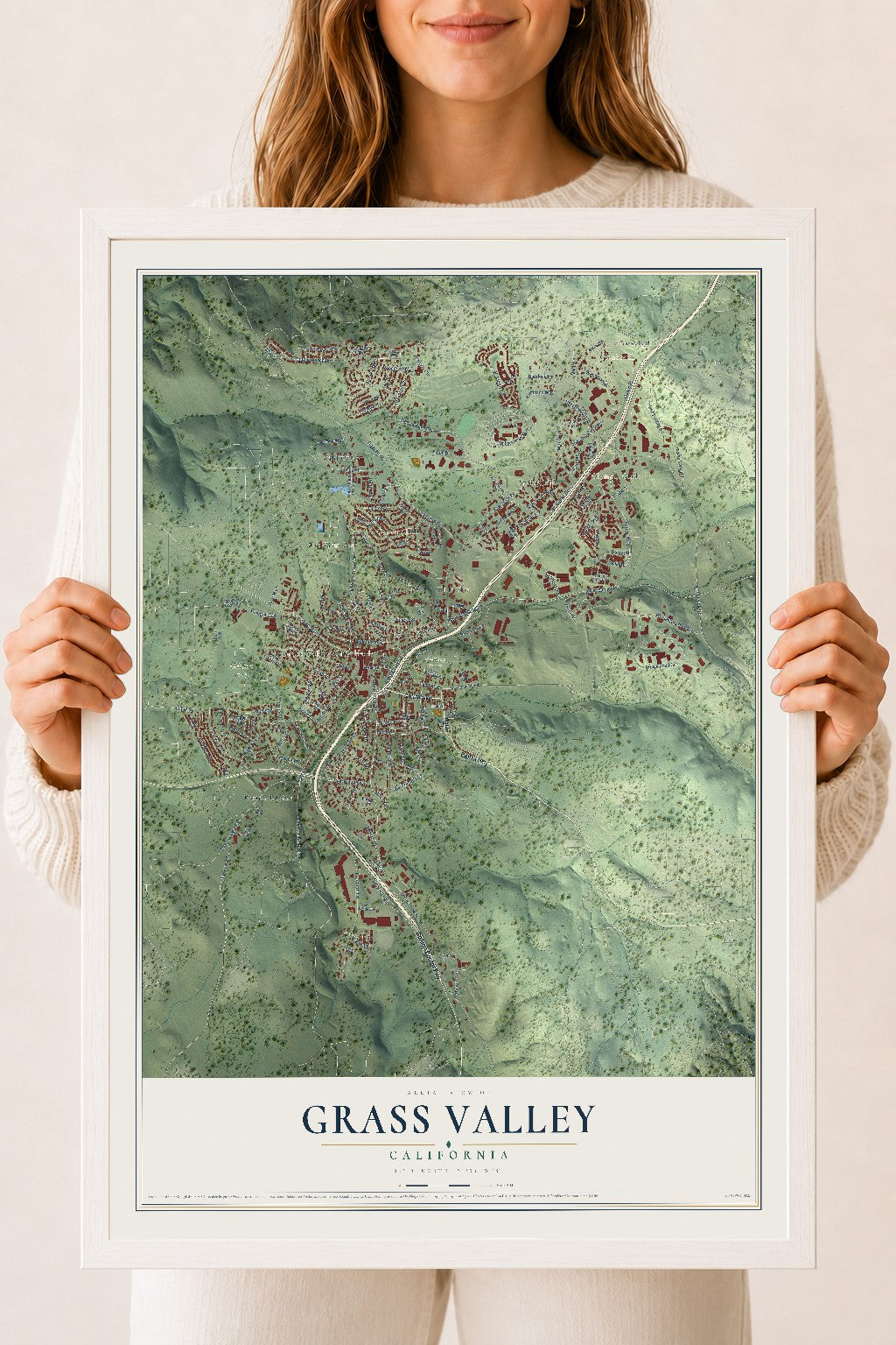 Map of Grass Valley, California, 18 x 24 inch print in a white wood frame