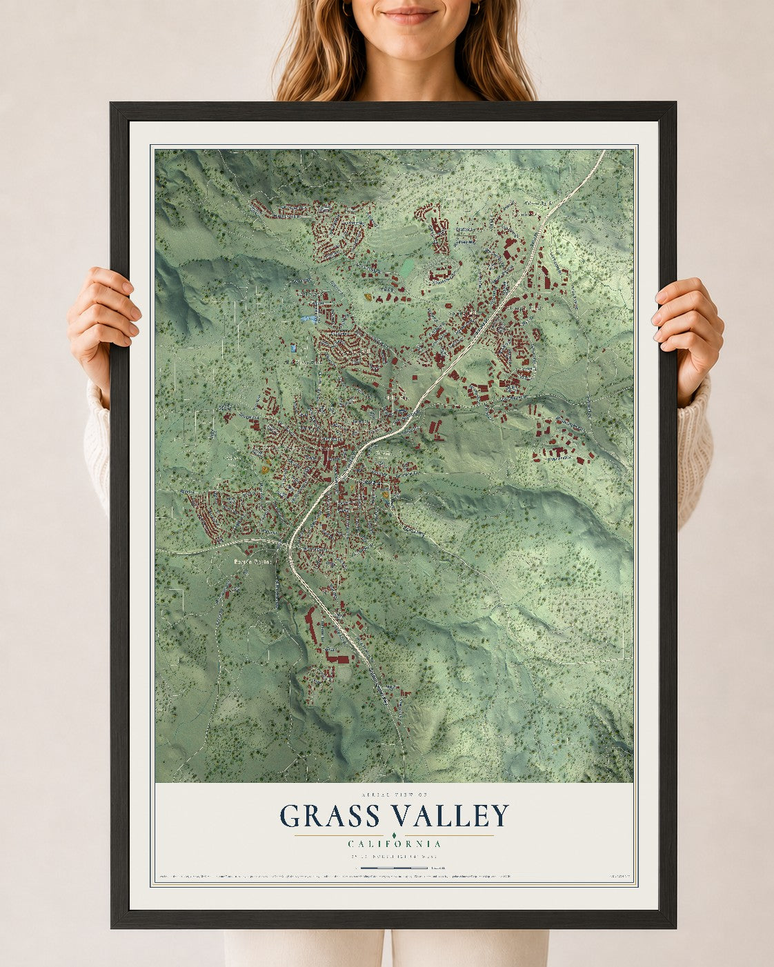 Map of Grass Valley, California, 24 x 36 inch print in a black wood frame