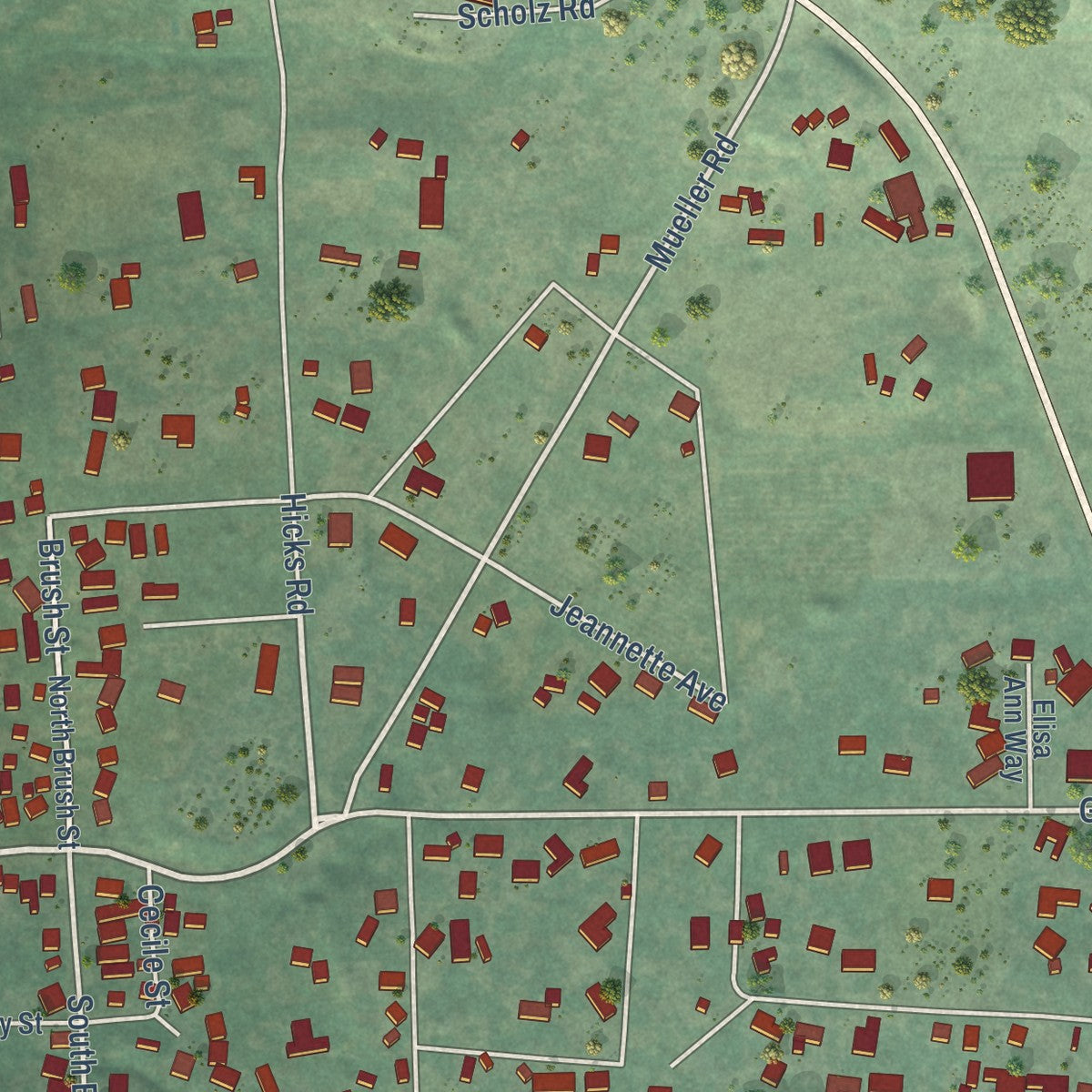 Close-up of the map of Graton, California print showing street and building detail