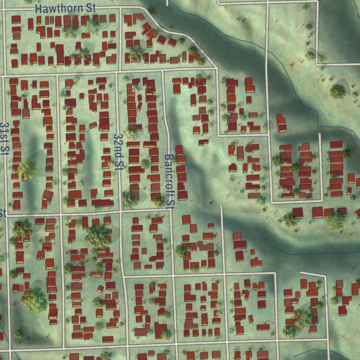 Second close-up of the map of Greater Golden Hill, California print showing more streets and buildings