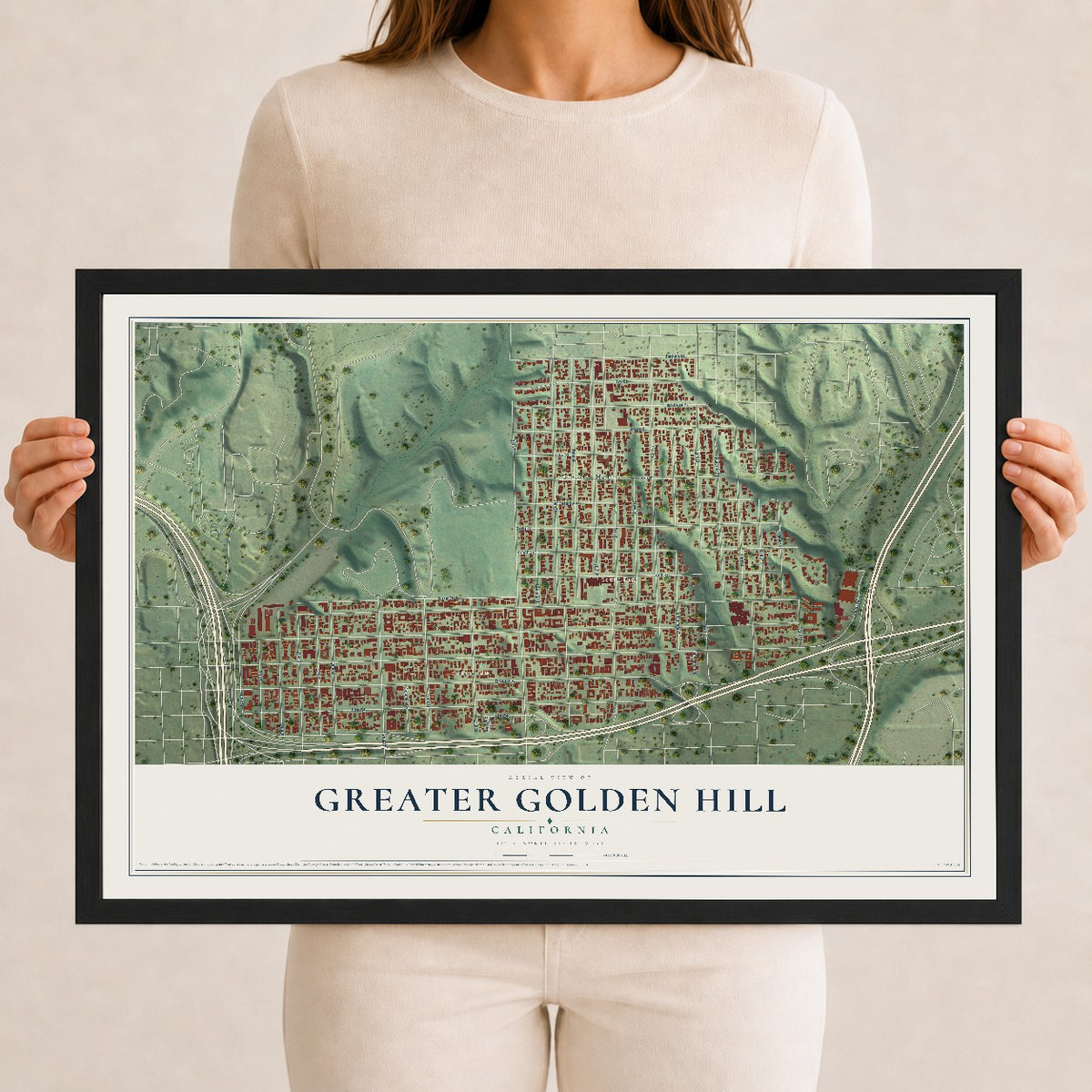 Map of Greater Golden Hill, California, 12 x 18 inch print in a black wood frame