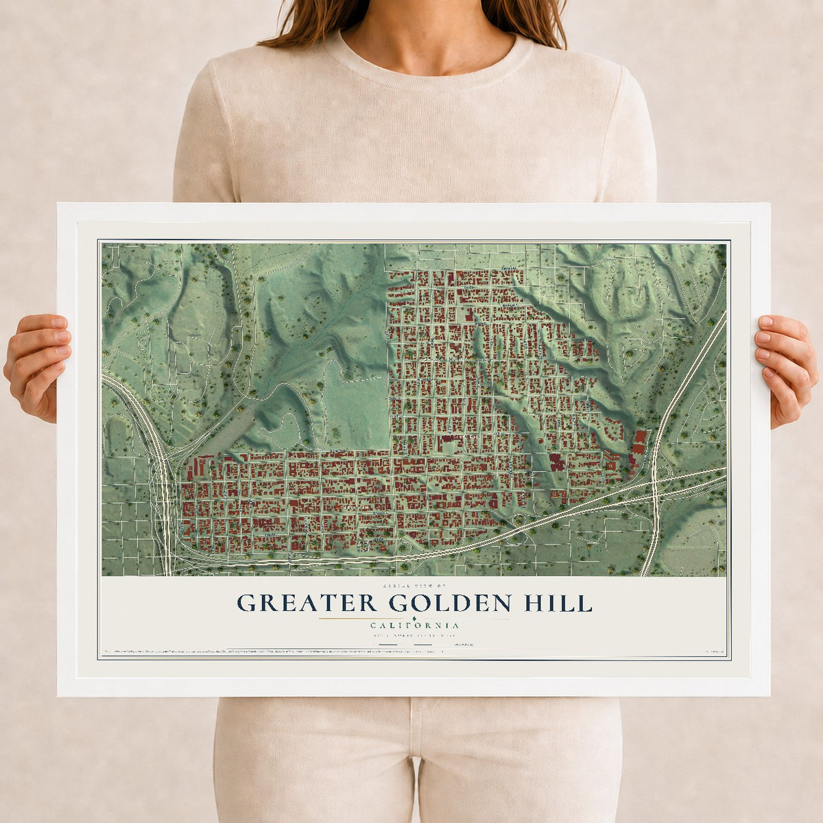 Map of Greater Golden Hill, California, 12 x 18 inch print in a white wood frame