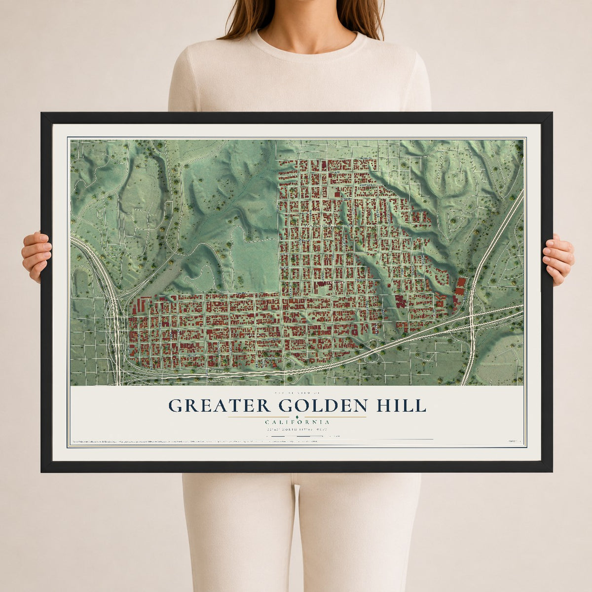 Map of Greater Golden Hill, California, 24 x 36 inch print in a black wood frame