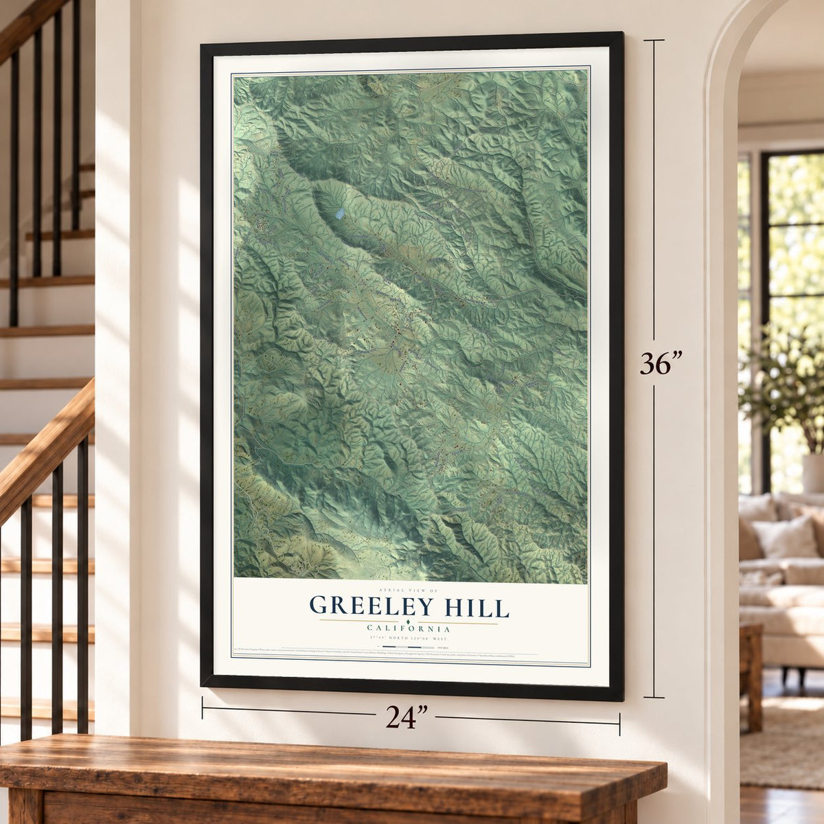 Greeley Hill, California map, 24 x 36 inch print in a black frame by a staircase