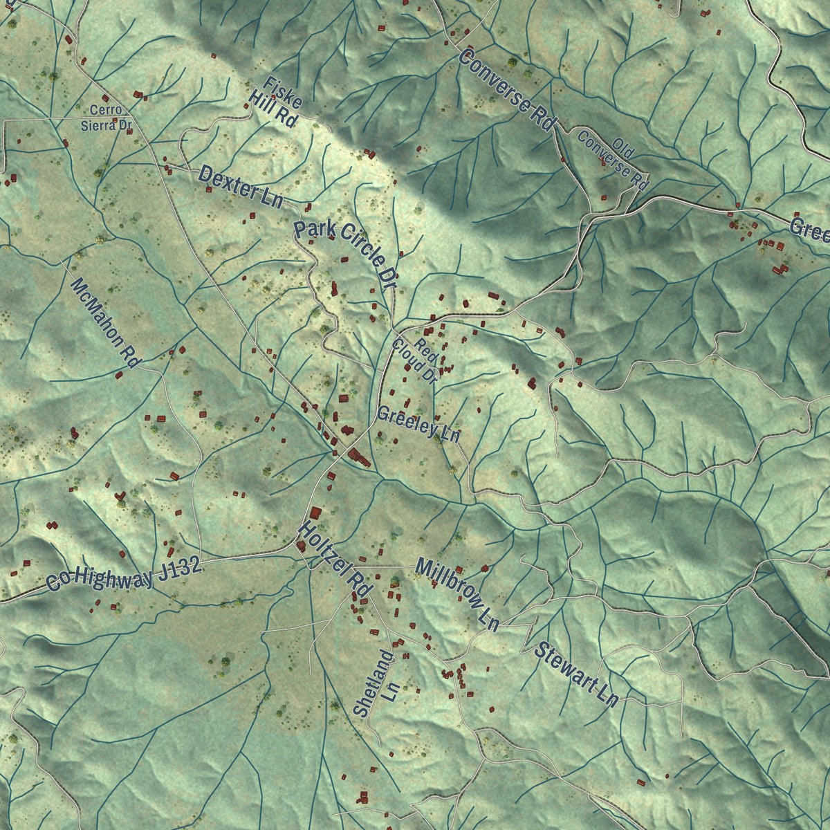 Close-up of the map of Greeley Hill, California print showing street and building detail