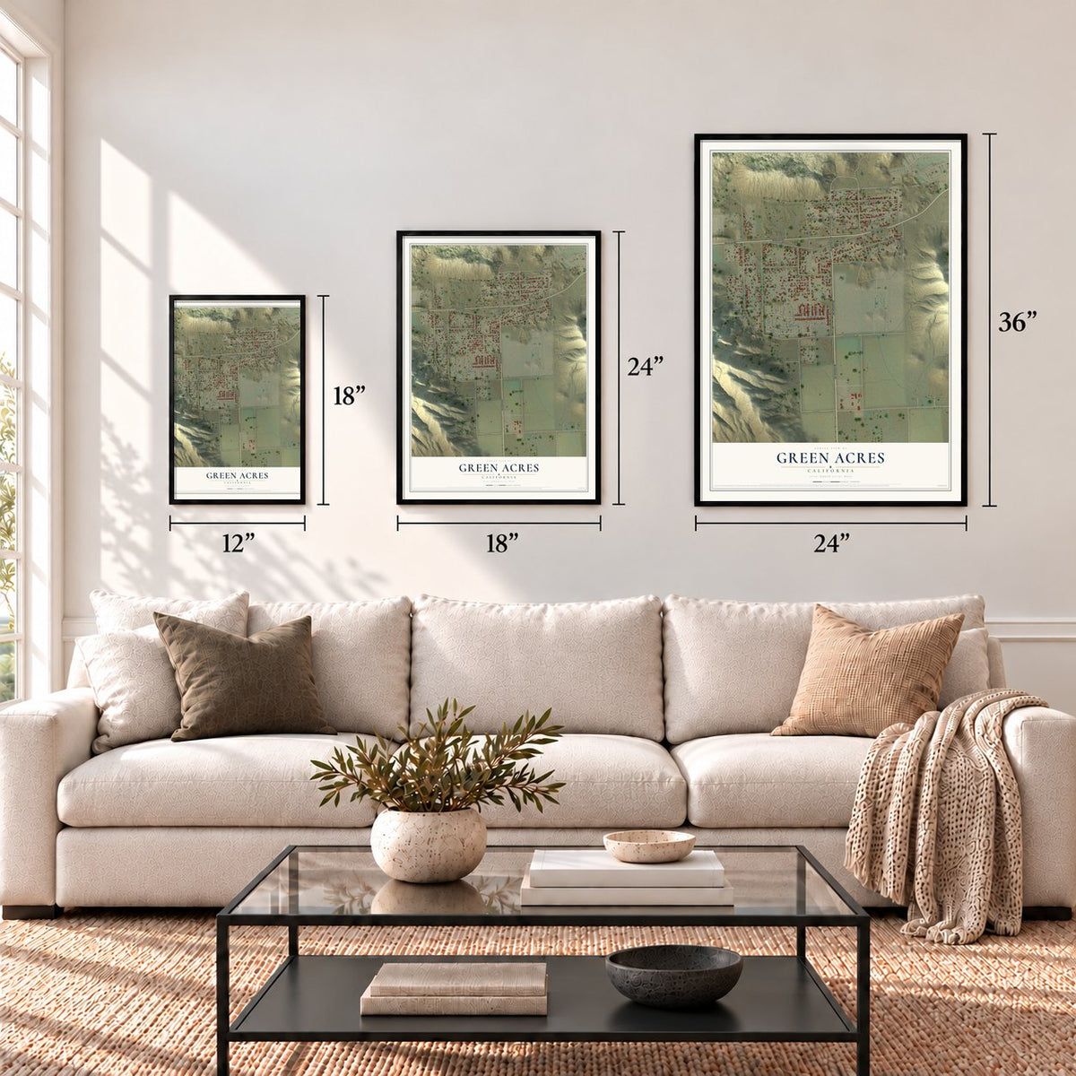 Green Acres, California map in 12 x 18, 18 x 24 and 24 x 36 inch sizes above a sofa