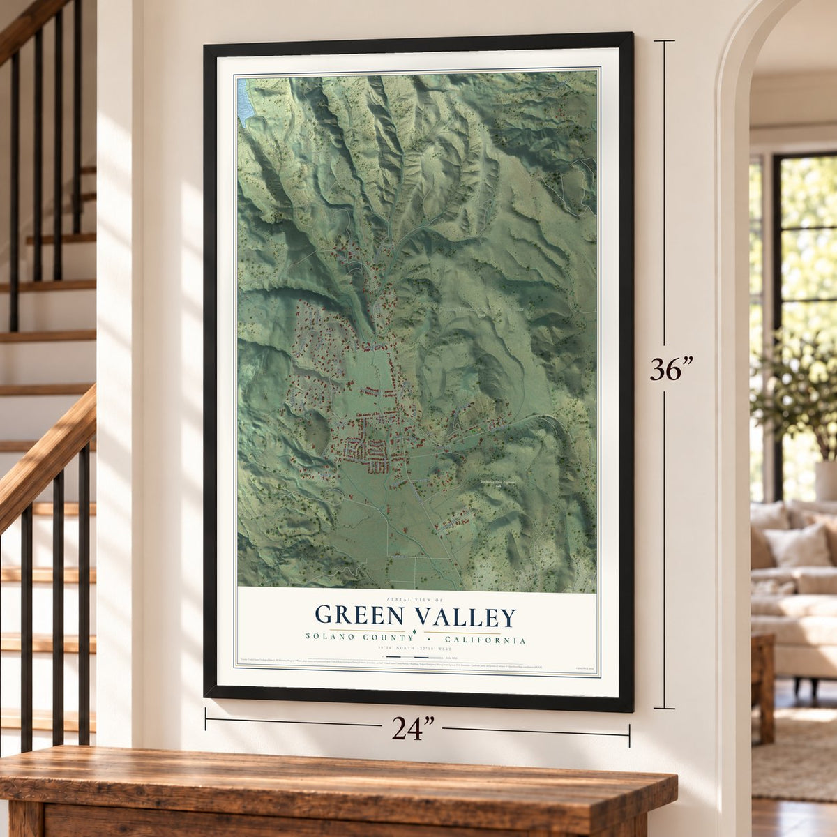 Green Valley, Solano County, California map, 24 x 36 inch print in a black frame by a staircase