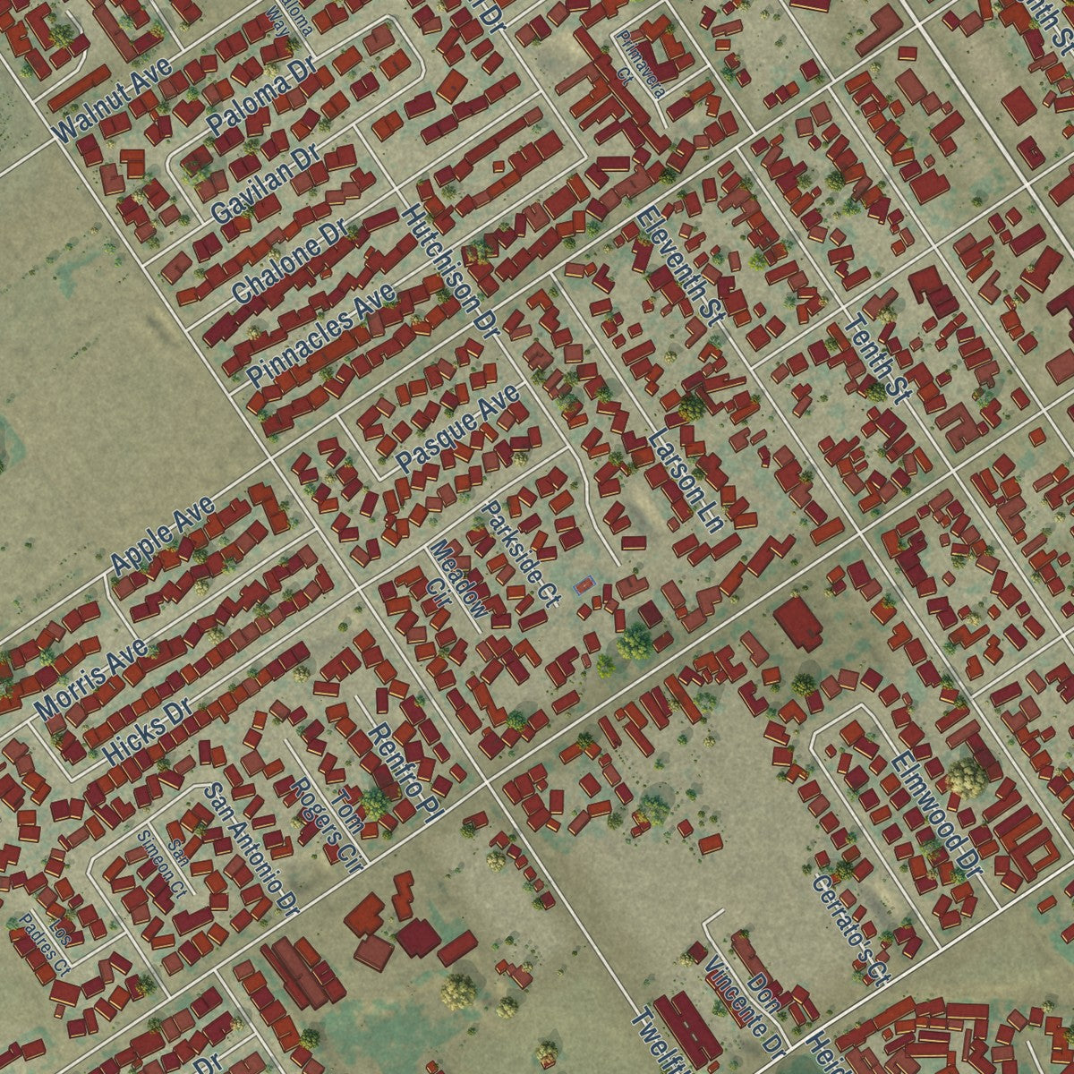 Close-up of the map of Greenfield, California print showing street and building detail