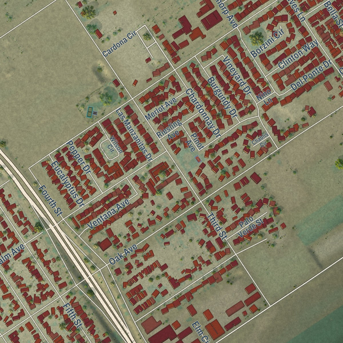 Second close-up of the map of Greenfield, California print showing more streets and buildings