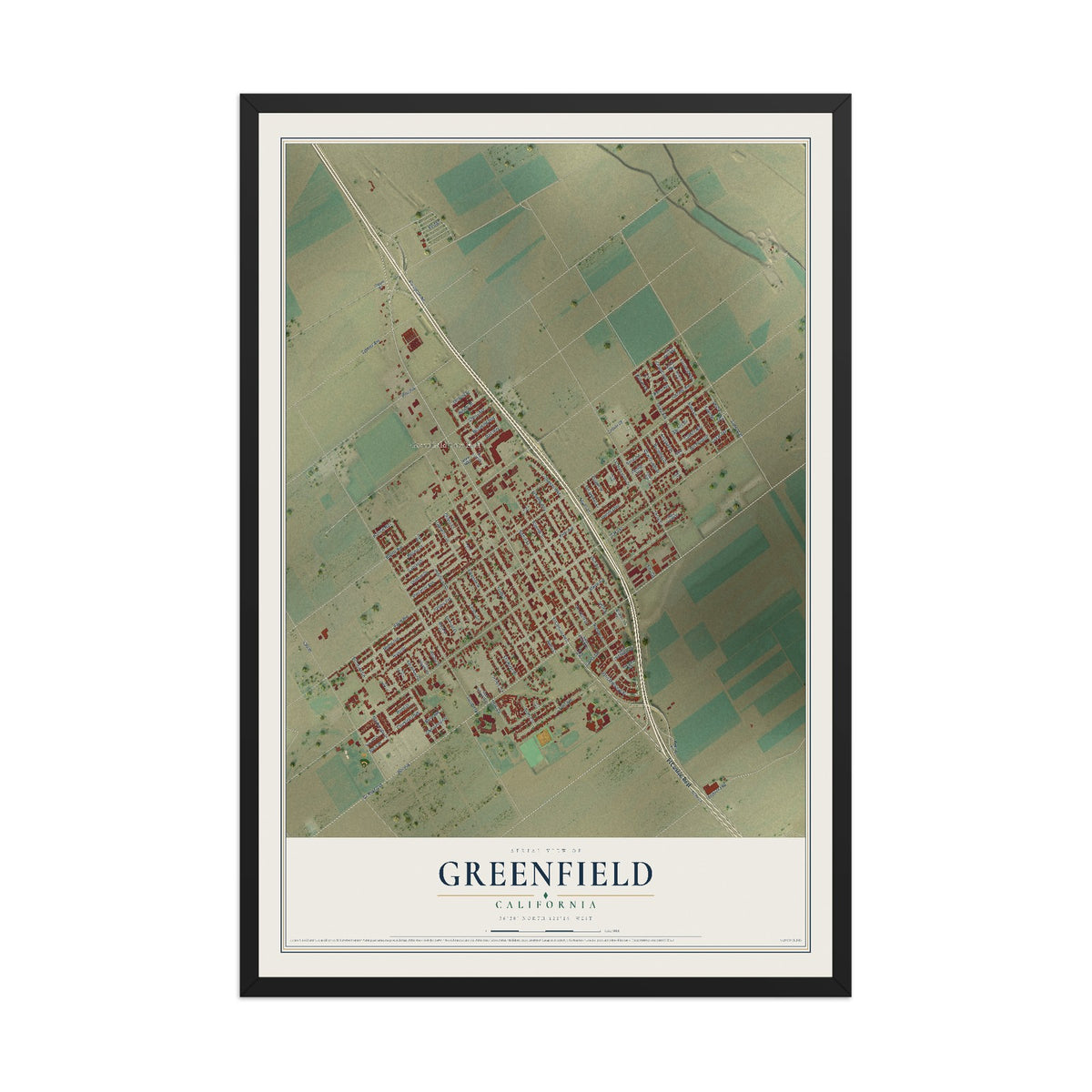 Map of Greenfield, California, 12 x 18 inch print in a black wood frame