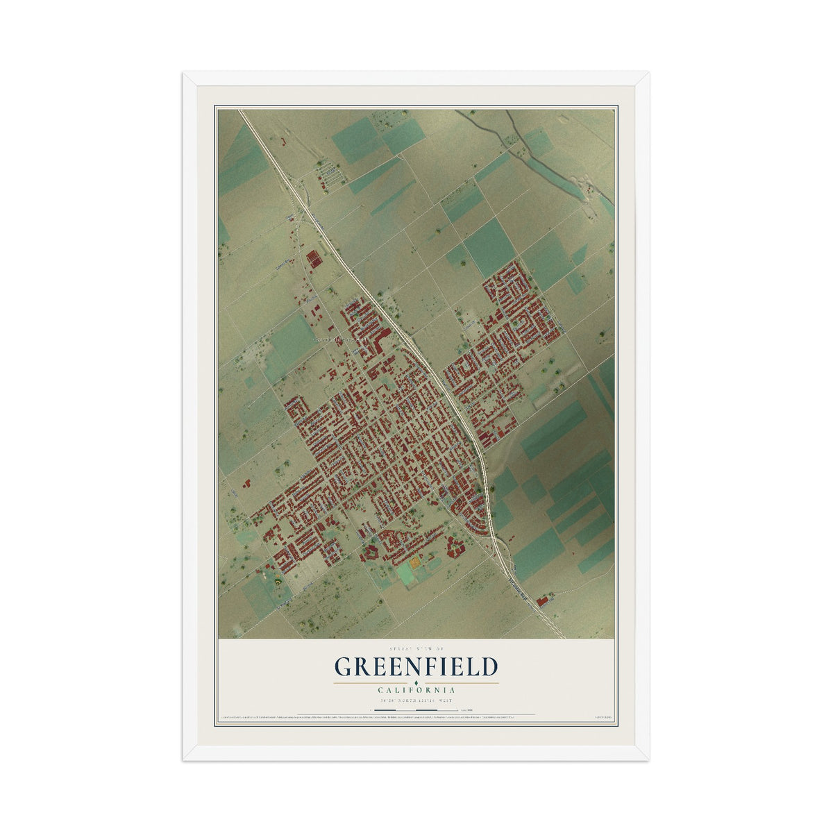 Map of Greenfield, California, 12 x 18 inch print in a white wood frame