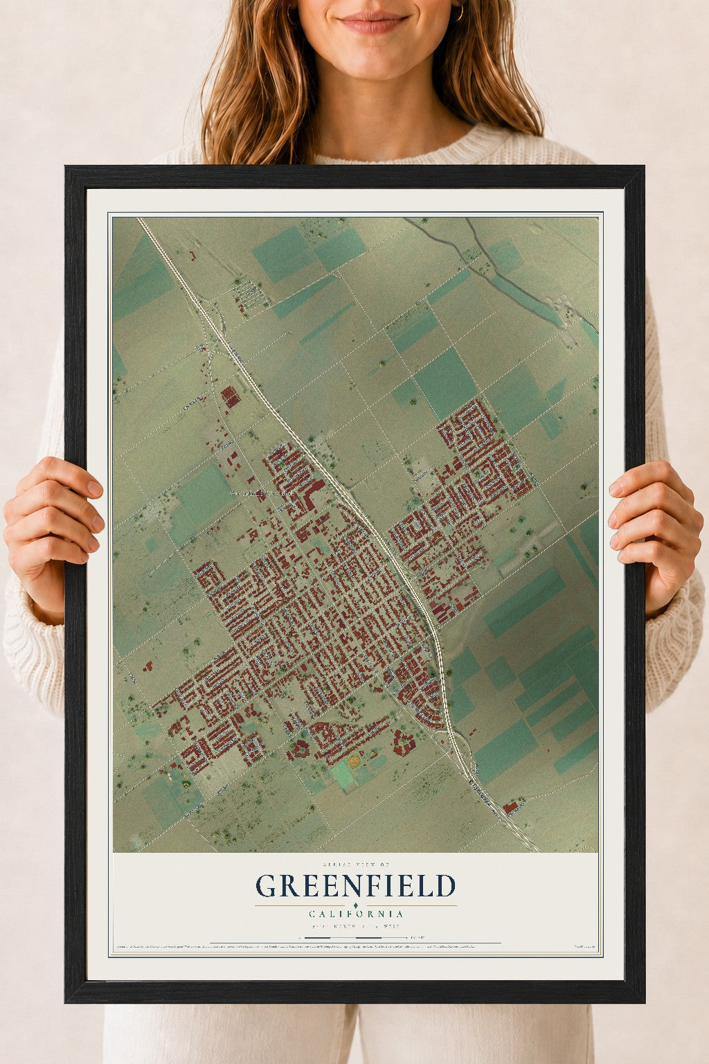 Map of Greenfield, California, 18 x 24 inch print in a black wood frame