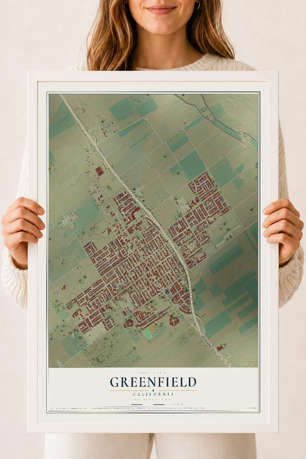 Map of Greenfield, California, 18 x 24 inch print in a white wood frame