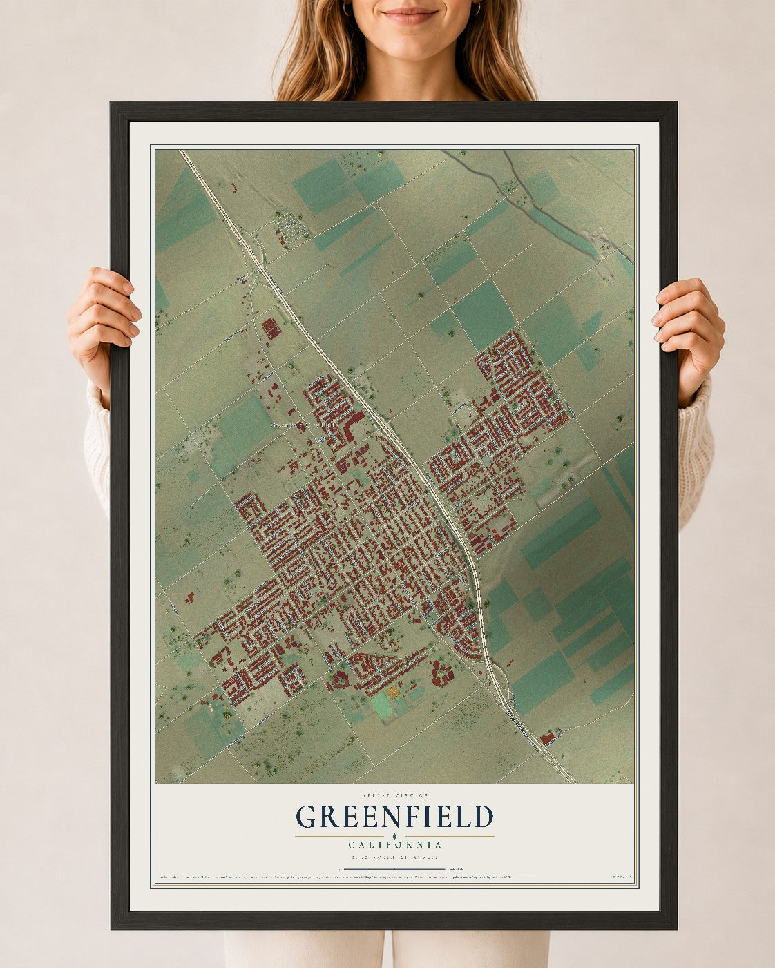 Map of Greenfield, California, 24 x 36 inch print in a black wood frame
