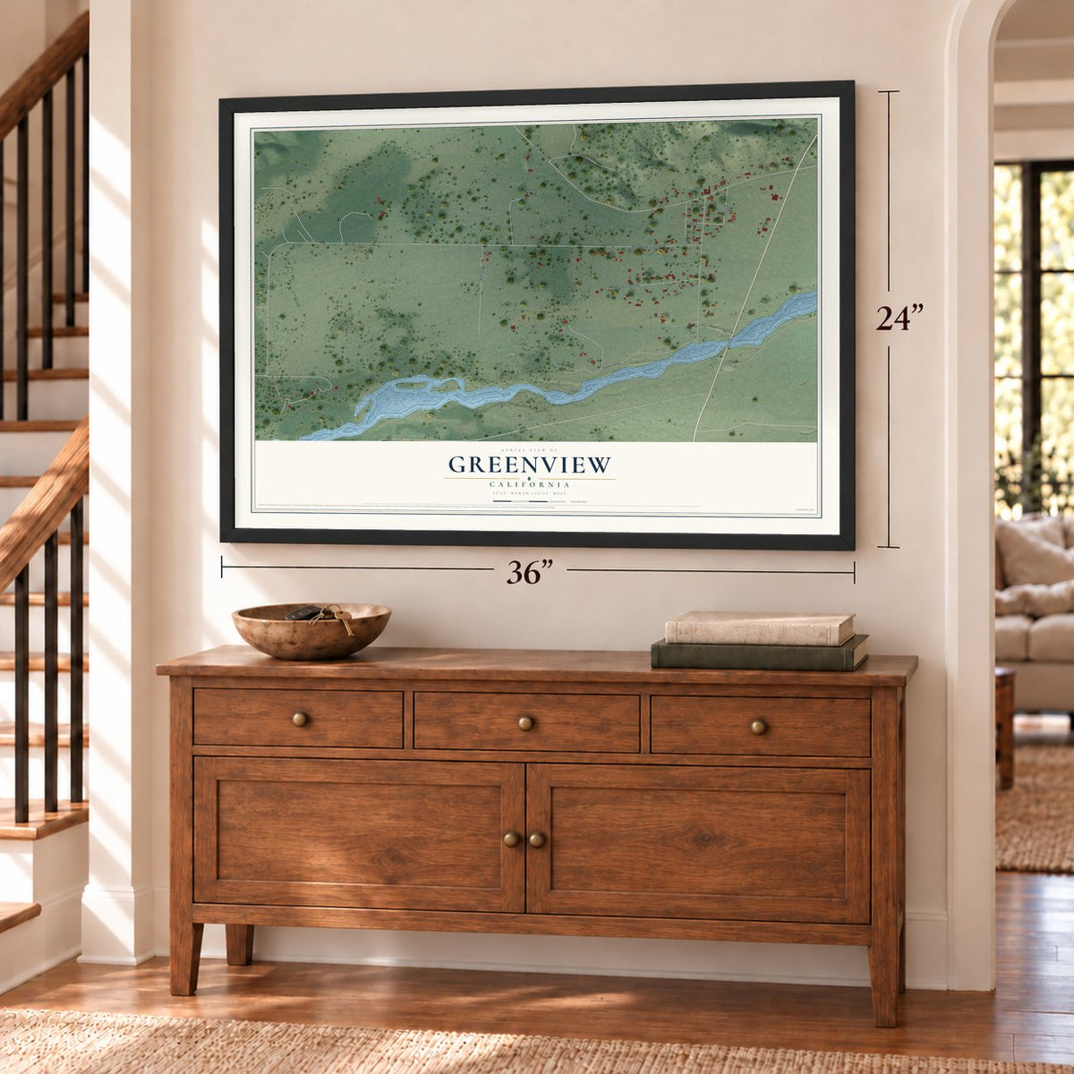 Greenview, California map, 24 x 36 inch print in a black frame above a dresser by a staircase