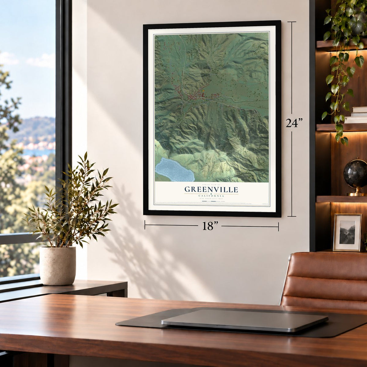 Greenville, California map, 18 x 24 inch print in a black frame in a home office