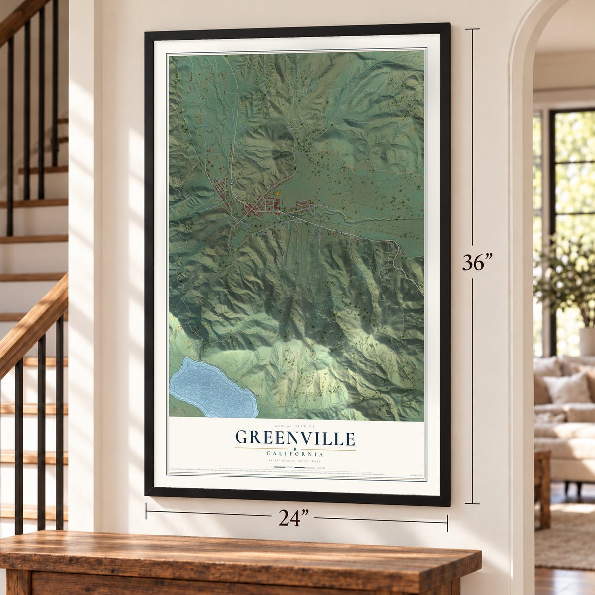 Greenville, California map, 24 x 36 inch print in a black frame by a staircase