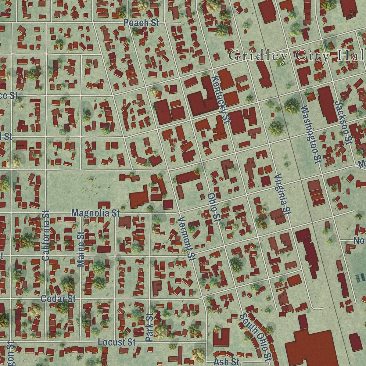 Close-up of the map of Gridley, California print showing street and building detail