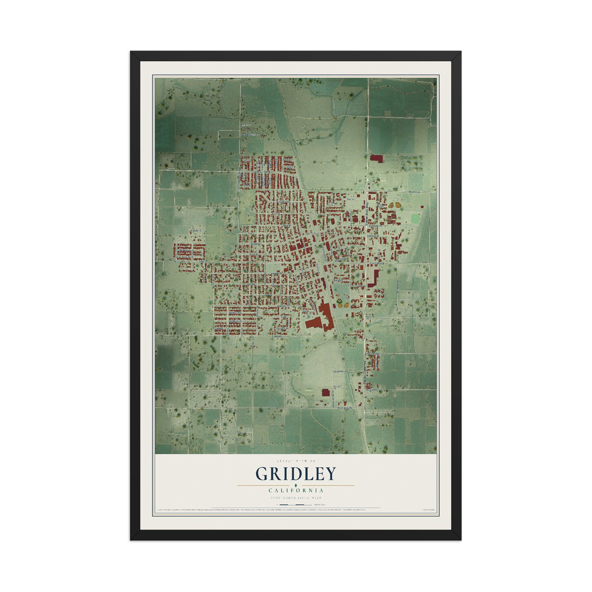 Map of Gridley, California, 12 x 18 inch print in a black wood frame