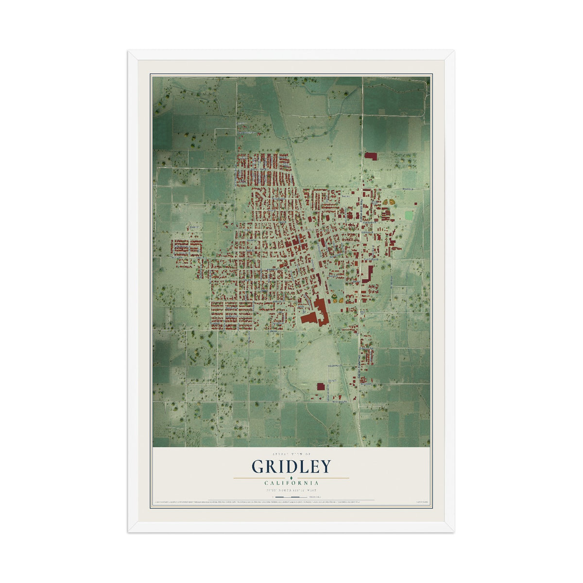Map of Gridley, California, 12 x 18 inch print in a white wood frame