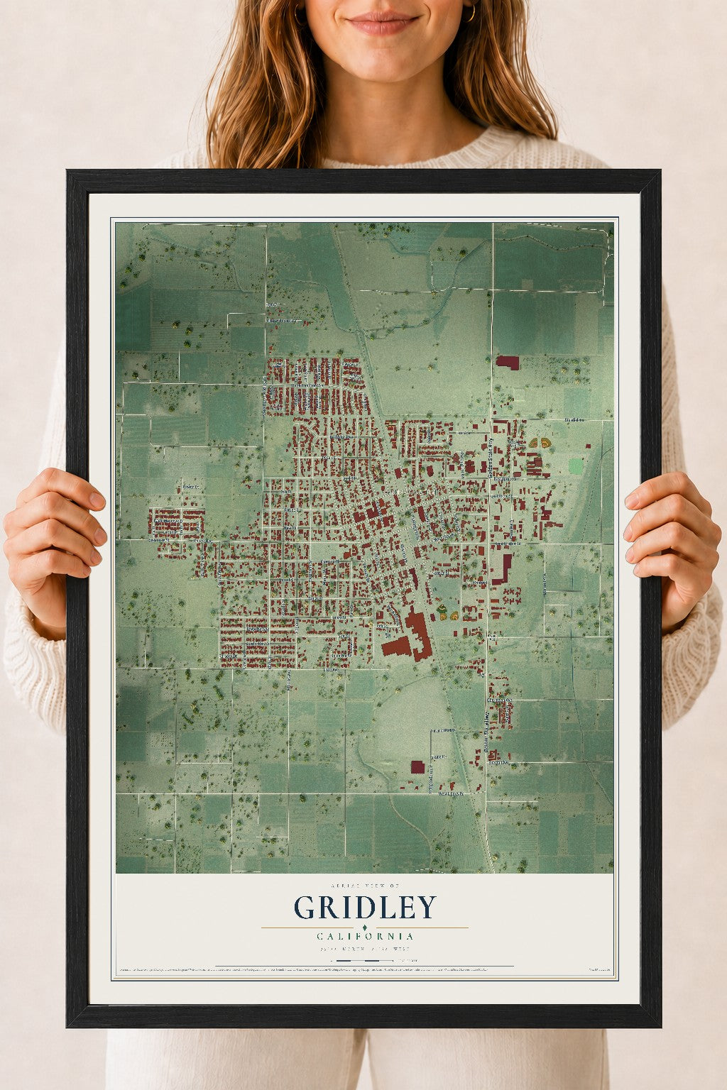 Map of Gridley, California, 18 x 24 inch print in a black wood frame