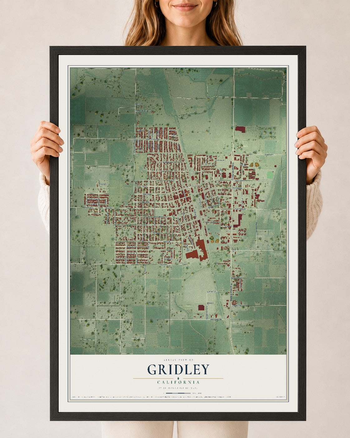 Map of Gridley, California, 24 x 36 inch print in a black wood frame
