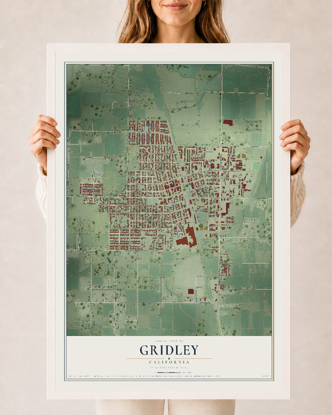 Map of Gridley, California, 24 x 36 inch print in a white wood frame