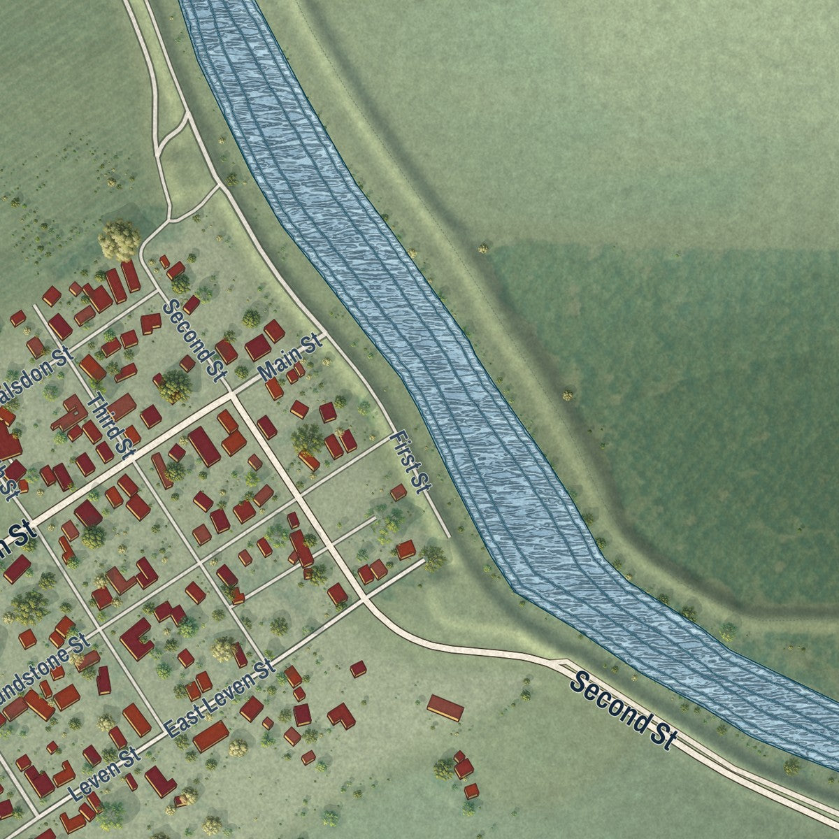 Close-up of the map of Grimes, California print showing street and building detail