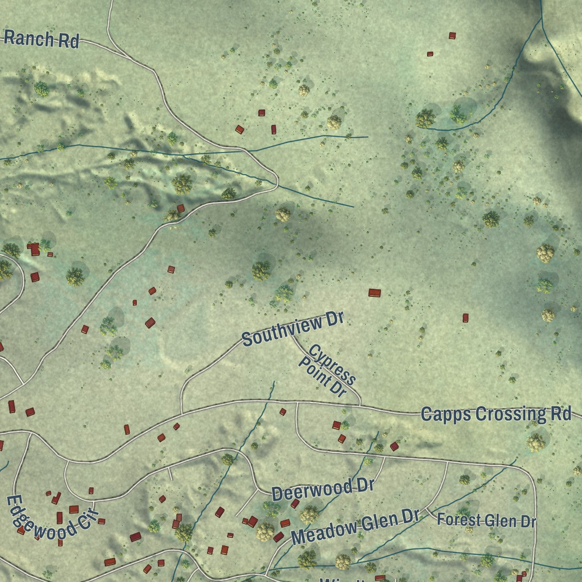 Close-up of the map of Grizzly Flats, California print showing street and building detail