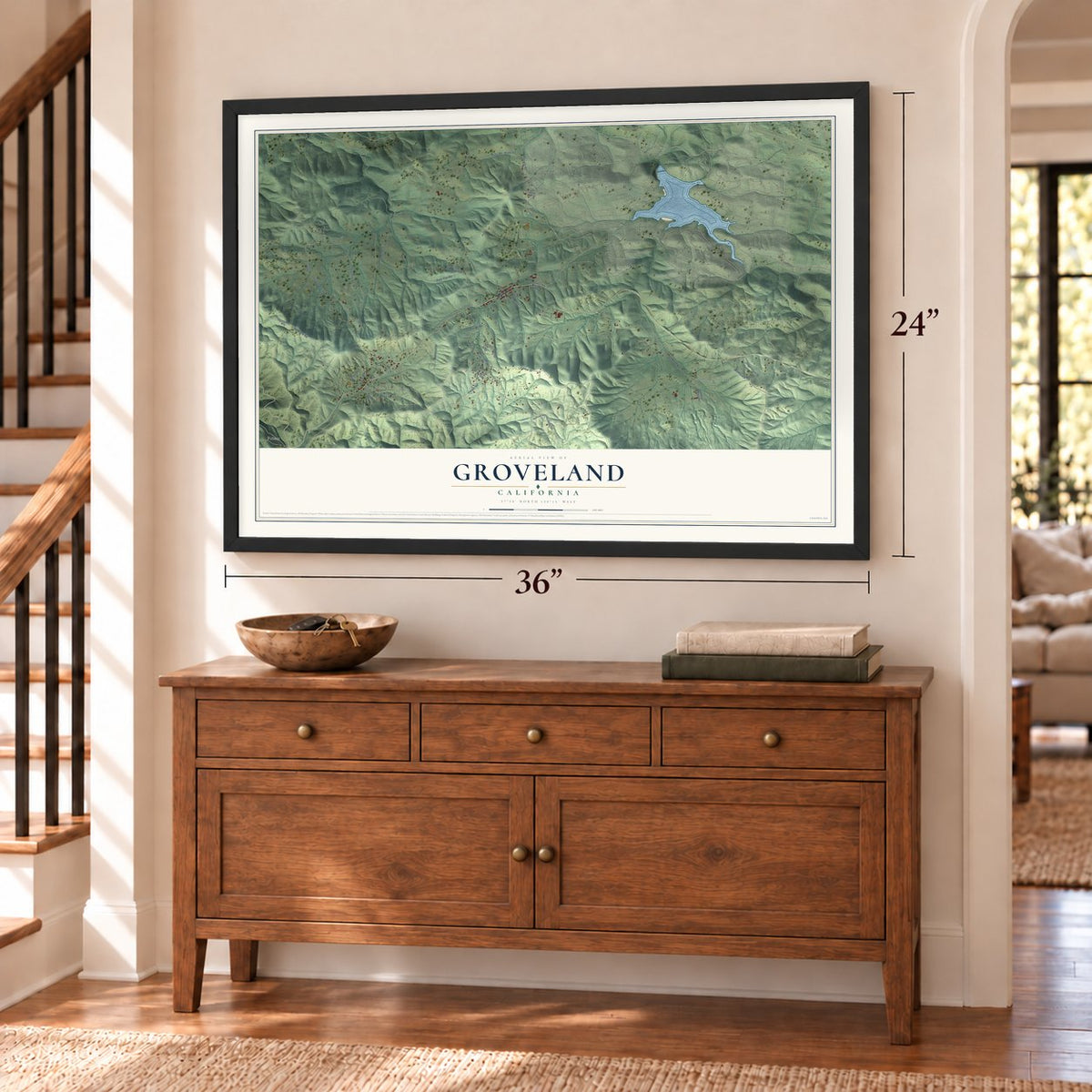 Groveland, California map, 24 x 36 inch print in a black frame above a dresser by a staircase