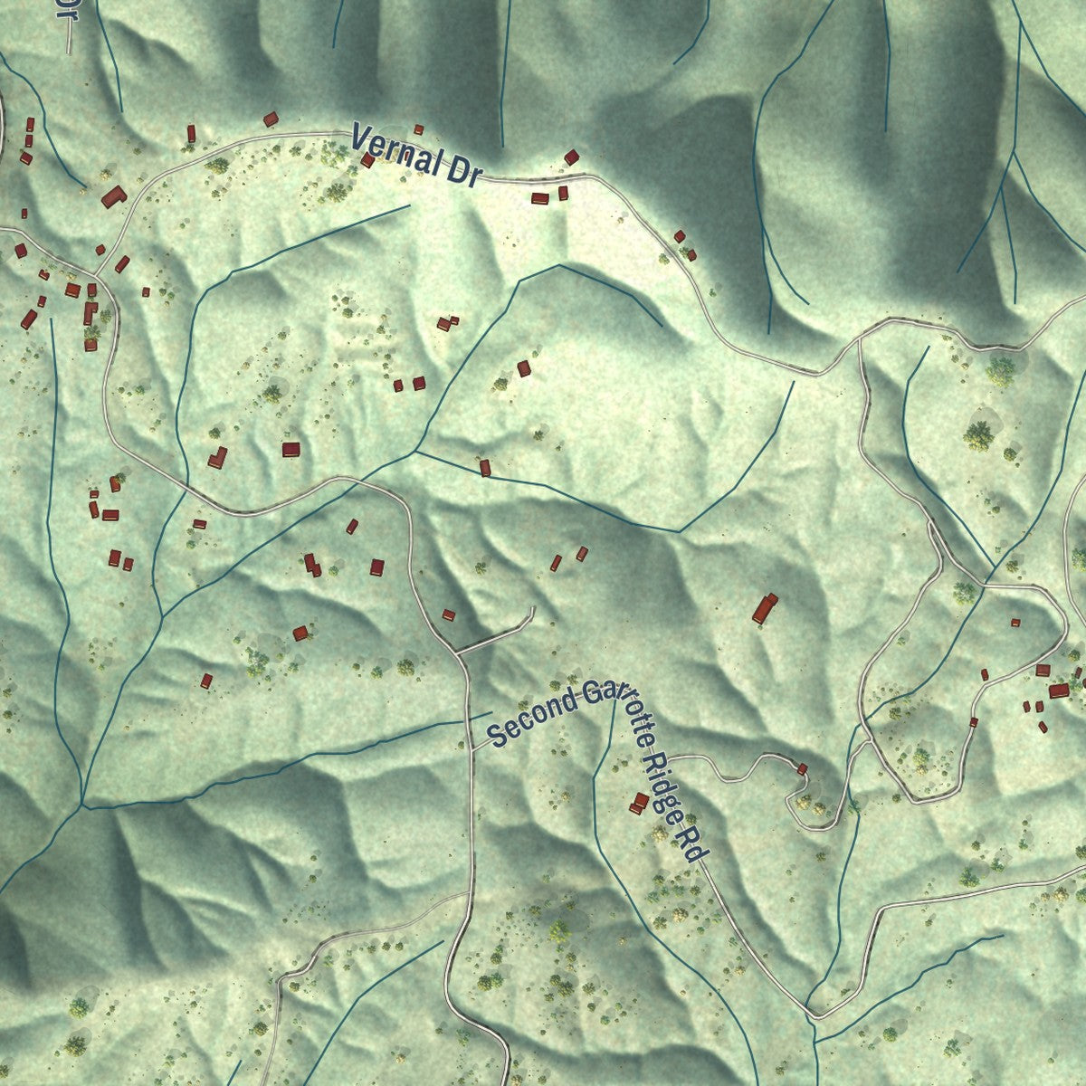 Close-up of the map of Groveland, California print showing street and building detail