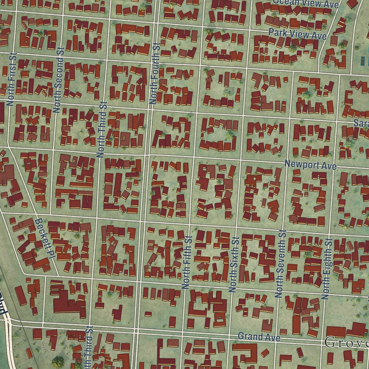 Close-up of the map of Grover Beach, California print showing street and building detail